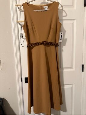DKNY Camel Sleeveless A-Line Dress with Leopard Belt